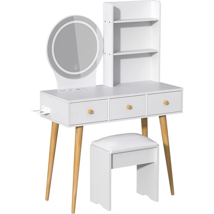 GLIESE Schminktisch mit Spiegel und Hocker Set mit 3 Farbtemperaturen & dimmbar (1-St, Frisierkommode, Schminkhocker), 2 Steckdose + 2 USB, mit 3 Schubladen + Föhnhalter, für Schlafzimmer – Bild 2