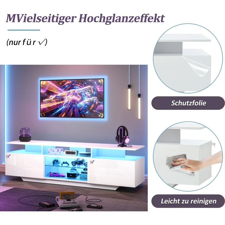 Merax 160cm Fernsehschrank,TV-Ständer mit 2 Schränken, Wohnzimmerschrank, Hochglanz-TV-Schrank mit LED-Lichtleiste, mit 8 Ablageflächen, 70-Zoll-Fernseher, Weiß – Bild 7