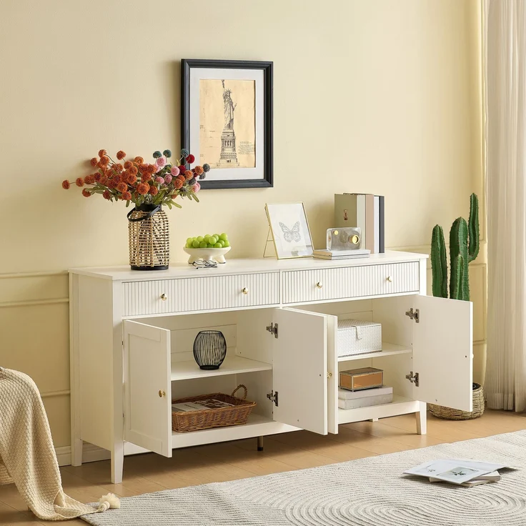 DESVIAE Sideboard mit 2 Schubladen und 4 Türen 160x82x40 cm aus MDF Weiß – Bild 6