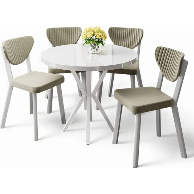 Modernes 5-teiliges Esszimmer-Set mit Tisch und Stühlen, Weiß & Creme, 100% melaminbeschichtete Spanplatte, Metallbeine, skandinavisches Design