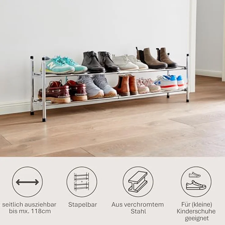 LOVE !T STORE !T Schuhregal Metall, schmal für bis zu 10 Paar Schuhe, chrom glänzend, stapelbar und stabil, seitlich ausziehbar bis 118 cm – Bild 4