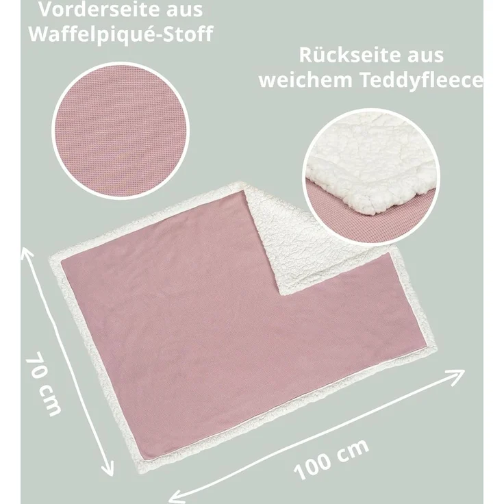 ULLENBOOM Babydecke für den Winter, 70x100 cm, Rosa (Made in EU) - Aus Baumwolle & flauschigem Teddy Fleece (OEKO-TEX Standard), ideal als Neugeborenen Deckchen, Kinderwagendecke oder Kuscheldecke – Bild 2
