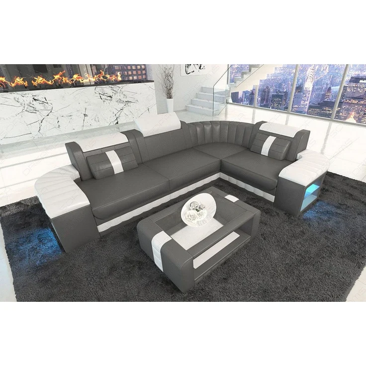 Mini Designersofa Leder Bergamo mit LED - Ledermix - Grau-Weiß - Rechts – Bild 2