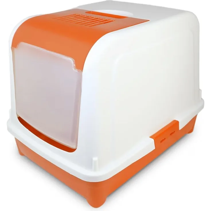 COFI 1453 Großes Katzenklo mit Deckel Katzentoilette Weiß-Orange