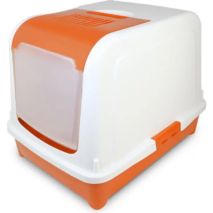 COFI 1453 Großes Katzenklo mit Deckel Katzentoilette Weiß-Orange