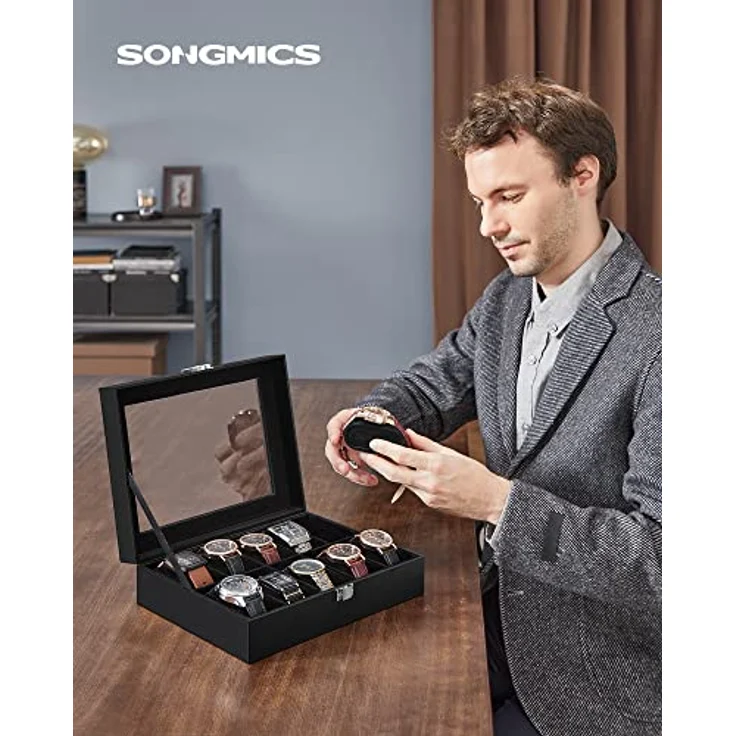 SONGMICS Uhrenbox mit 10 Fächern, Uhrenkasten, Glasdeckel, Uhrenkoffer, herausnehmbare Uhrenkissen, Metallverschluss, Geschenkidee, PU-Bezug in Schwarz, Innenfutter in Schwarz – Bild 3