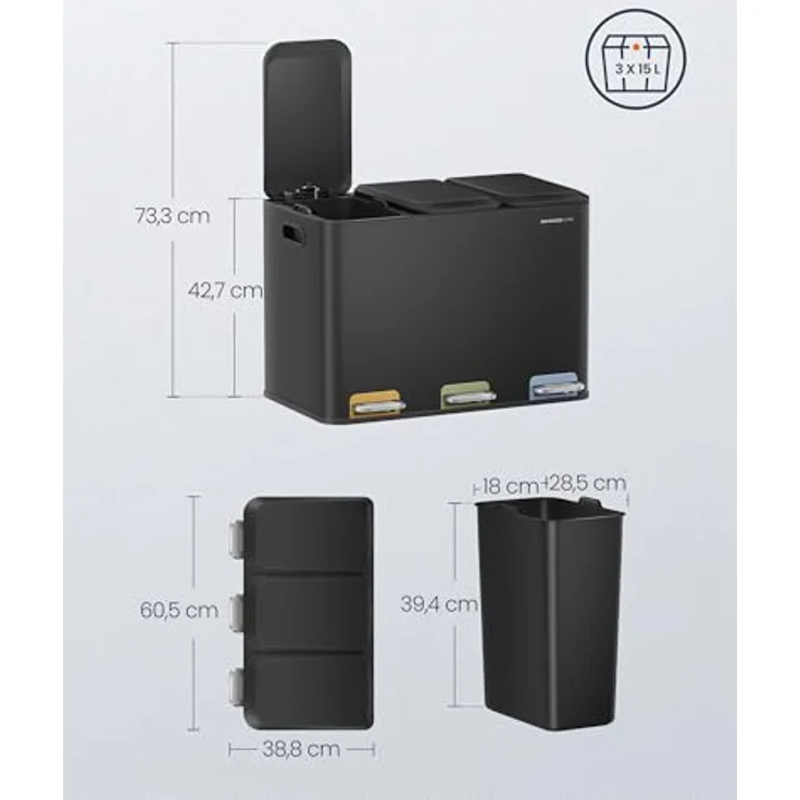 SONGMICS HOME Mülleimer Küche, 3x15 L Fächer, Abfalleimer mit farbcodierbaren Pedalen, Mülltrennsystem, mit Deckeln und Inneneimern, Stahl, tintenschwarz LTB740B02V1 – Bild 6