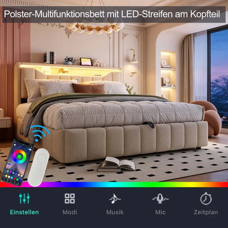 LVHOM Doppelbett 180 x 200cm mit Hydraulik und Stauraum, Funktionsbett mit LED & USB, Polsterbett mit Kopfteil-Fach, Leinen, Beige – Bild 3