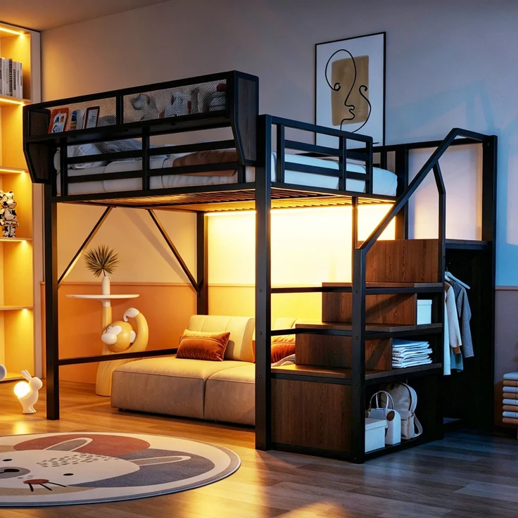 ZUBALIYA Hochbett 140 × 200 cm, Metall, LED-Beleuchtung, Leiter, Schwarz – Bild 1