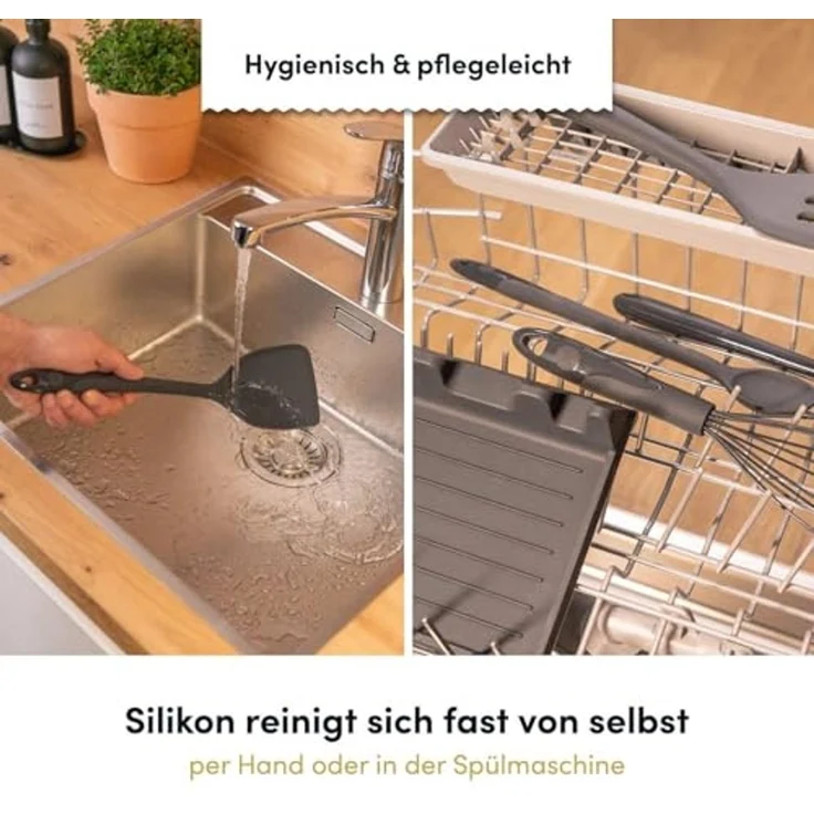 Hoffmann Germany Pfannenschaufel Küchenhelfer Pfannenwender Silikon Edelstahl 35 cm, Edelstahlkern, seitliche Lippen, 200°C, spülmaschinenfest – Bild 6