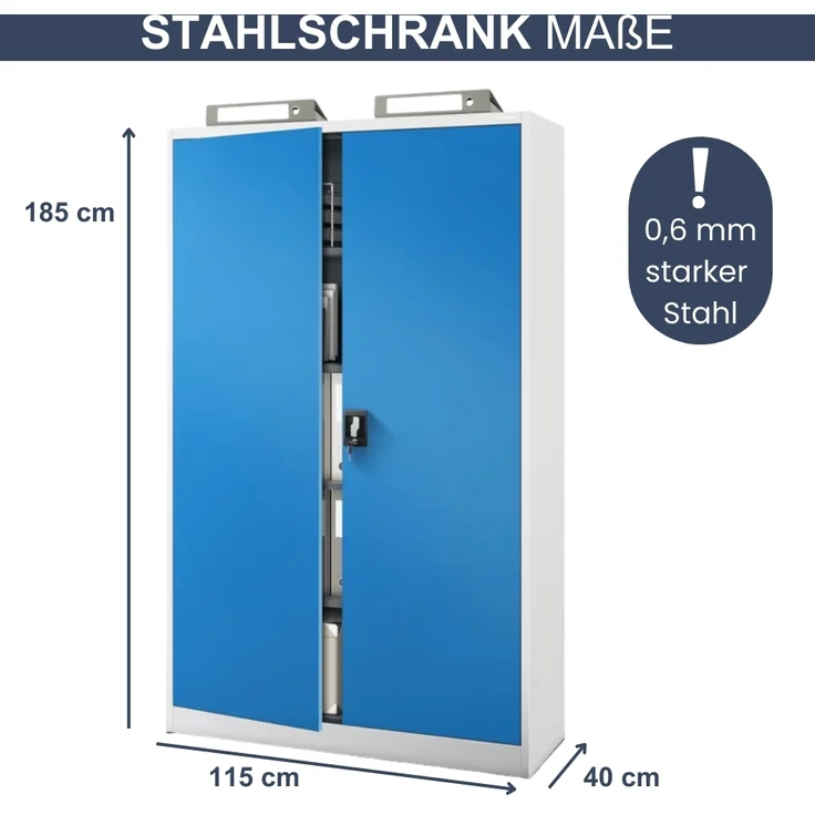 Aktenschrank abschließbar KADO - 5 Ebenen verstellbar, Flügeltüren | Metallschrank Werkstatt Mehrzweckschrank Büroschrank aus Stahl Werkzeugschrank, 185x115x40cm Grau-Blau – Bild 2