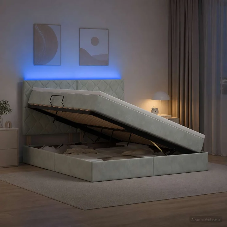vidaXL LED-Speicherbett mit Matratze Hellgrau 140 x 190 cm Samt 3460188 – Bild 1