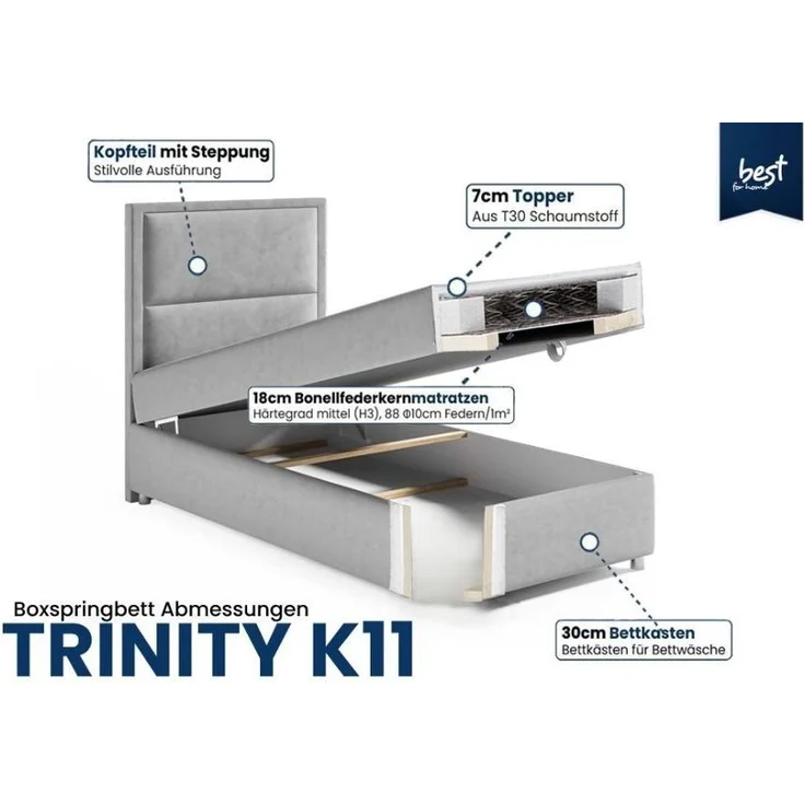 Best for Home Boxspringbett Trinity K-11 SINGLE mit Bettkasten & Bonellfederkern, Topper 7 cm H3 (Hotelbett, Einzelbett, Kinderbett, Juniorbett, 70x200 80x200 90x200 100x200 cm), verschiedene Liefermöglichkeiten, TOP Preis-Leistungs-Verhältnis – Bild 3