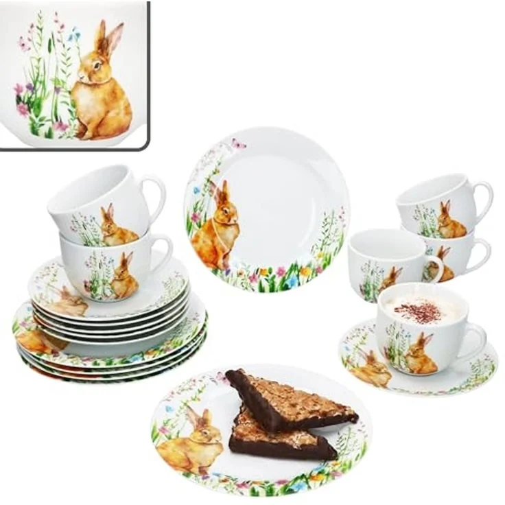 MamboCat Kaffeeservice 18tlg Kaffeeservice Osterfreude Porzellan 6 Personen Hase, Porzellan – Bild 2