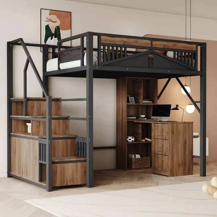 EINHOM Metall-Hochbett 140 x 200 cm, Einzigartiges Sicherheitsgehäuse mit Fenster, Sicherheitsleiter mit Spind, Schwarz (Ohne Matratze) – Bild 1