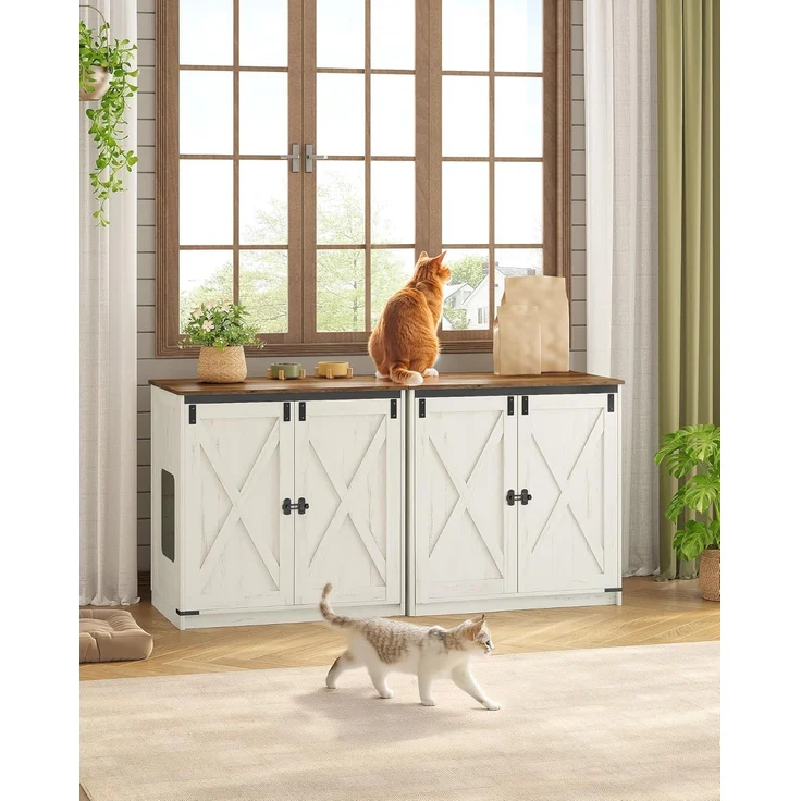 Katzenklo Schrank, Verstecktes Katzenschrank mit Stauraum, Katzenhaus mit Magnetischen, Bauernhausstil, 80 x 50 x 79,5 cm, Geeignet für Flur, Schlafzimmer, Vintagebraun-Weiß – Bild 1