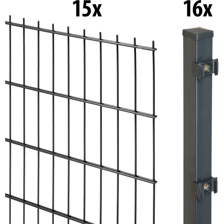 Garden 'N' More Doppelstabmattenzaun Set standard, 183 cm hoch, anthrazit, 15 Elemente für 30 m, 16 Pfosten – Bild 2