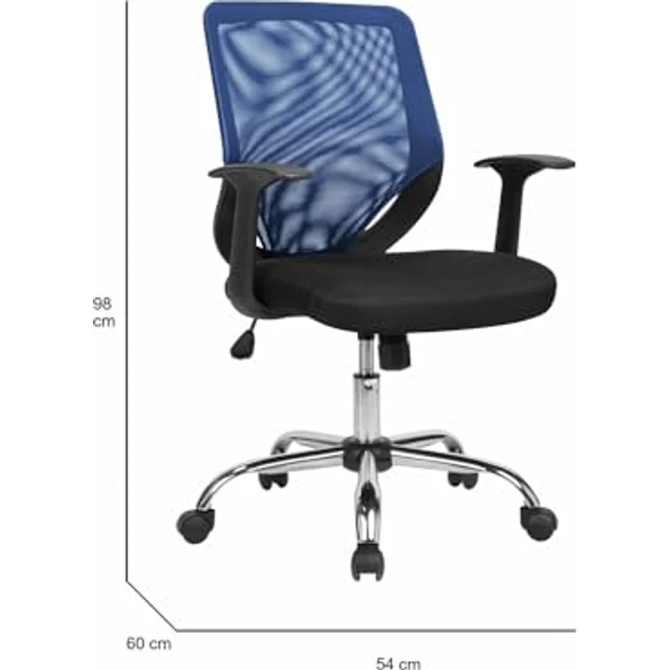 Dmora - Stuhl mit Rädern Albany, Executive-Netzsessel mit Armlehnen, ergonomischer Bürositz, 60x54h90/98 cm, Schwarz und Blau – Bild 4
