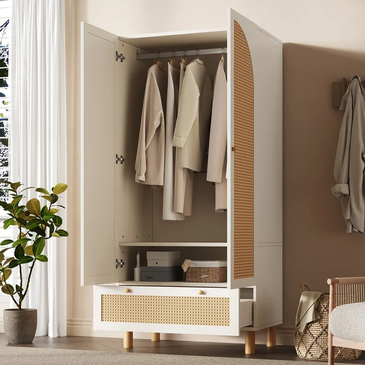 Kleiderschrank Garderobenschrank mit 2 Türen & Rattan, Landhausstil Weiß mit großer Schublade, höhenverstellbaren Regalen & Kleiderstange, Inkl, Kippsicherung, 180x85x52 cm (H/B/T)--Weiß--85.5x52x180.5cm--YOUDENOVA – Bild 10