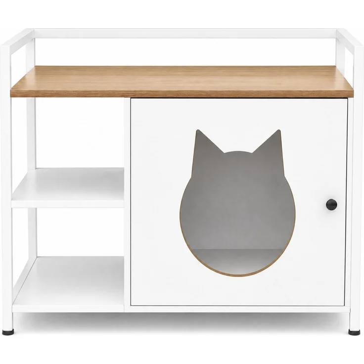 Katzentoilettenschrank mit Katzenhaus und 2 offenen Regalen, 76x54x59 cm, Weiß und helle Eiche – Bild 9