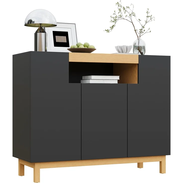 Merax Sideboard, Drei Türen, Geeignet für Wohn- und Esszimmer, Multifunktionales Aufbewahrungsmöbel, Schwarz – Bild 10