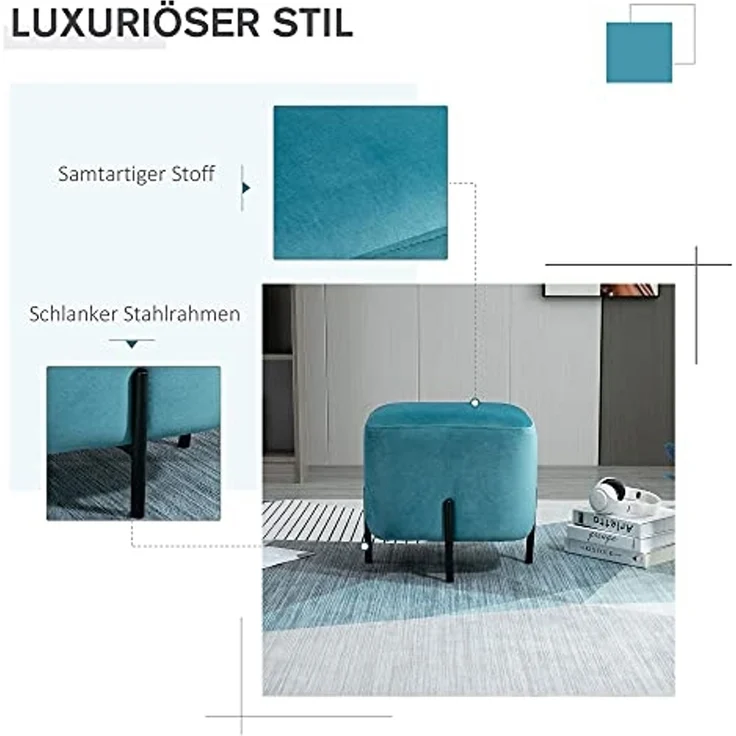 HOMCOM Fußhocker Fußstütze gepolstert (Fußbank, 11 St, Sitzhocker), Türkis 44,5 x 44,5 x 41,5 cm – Bild 4