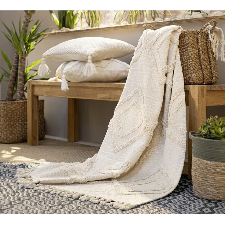 Plaid "Can Marca" aus 100% Baumwolle, creme, 130x170 cm, Kuscheldecke, Sofadecke