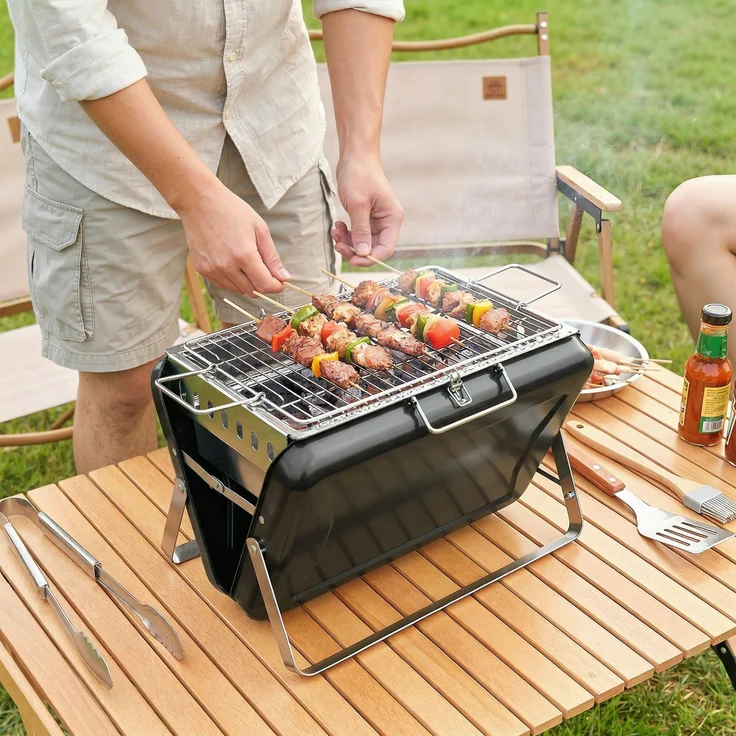 JARDJ Holzkohlegrill aus Edelstahl BBQ Smoker mit Grillrost Griff klappbaren Beinen für Barbeque Camping 40x28x25,5cm Schwarz – Bild 4