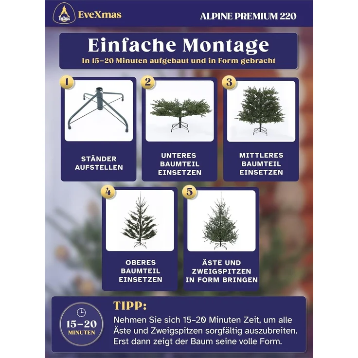 EveXmas Alpine Künstlicher Weihnachtsbaum Grün 220 cm – 826 Astspitzen, inkl. klappbarem Metallständer – Bild 4