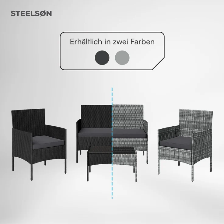 STEELSØN 'Thalora' Gartenlounge Set, 4-tlg. Sitzgruppe mit Sofa, 2 Stühlen und Tisch, inkl. Kissen, schwarz/anthrazit, aus Polyrattan – Bild 8