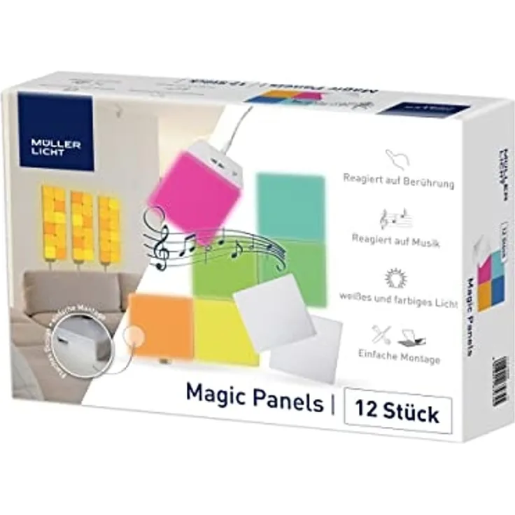 Müller-Licht Magic Panel Wandleuchte Wandpanels 12er Set, Stimmungslicht, weißes und farbiges Licht RGB, Farbdurchlauf, Touch und Musik Sync, inkl. Montagematerial