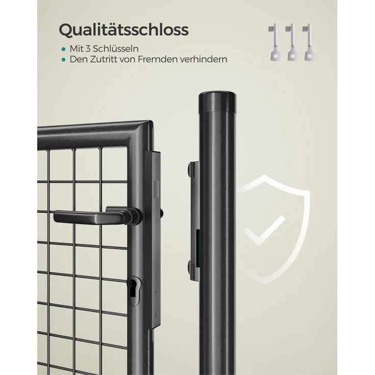Songmics Gartentor, Gartentür, verzinkter Stahl, abschließbar, Tür 106x100 cm (B x H), rundes Rohr, grau – Bild 3