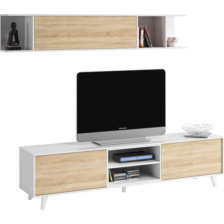 Wohnzimmer-TV-Ständer, glänzend weiß und Eiche, Maße 180 x 51 x 41 cm