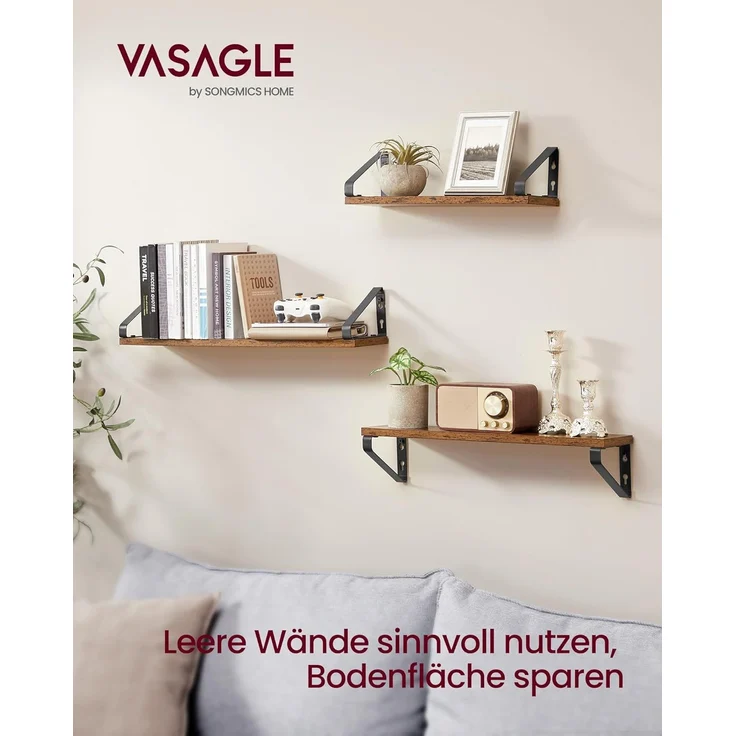 VASAGLE Wandregal, Schweberegal, 3er Set, Regalbrett, 2 Montagemöglichkeiten, 40/50/60 cm, für Wohnzimmer, Küche, Arbeitszimmer, Badezimmer, vintagebraun-Mattschwarz LWS043K01 – Bild 3