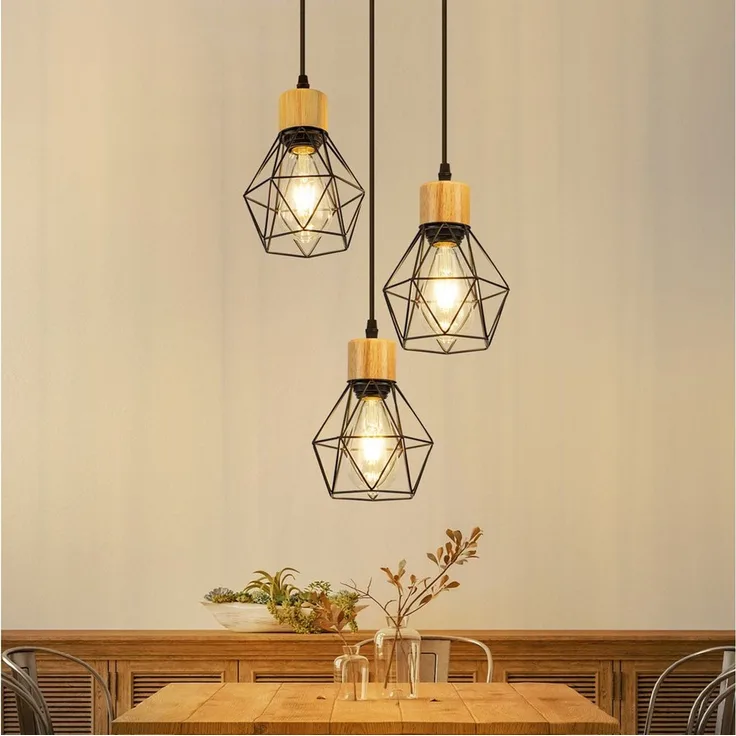 Nettlife Pendelleuchte Vintage Schwarz 3flammig Industrielle Eleganz aus Metall Holz E27, ohne Leuchtmittel, für Wohnzimmer Esszimmer Küche Schlafzimmer in Restaurants und Cafés