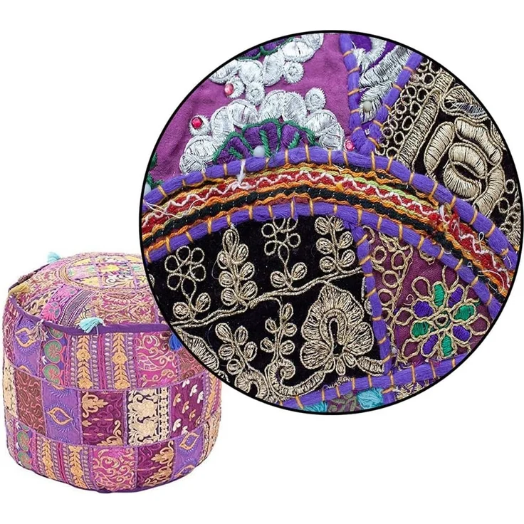 Aakriti Indian Pouf Fußhocker mit Stickerei Pouf, indische Baumwolle, Pouffe osmanischen Pouf Cover mit ethnischem Dekor Kunst - Cover (Purple, 46x33 cms) – Bild 6