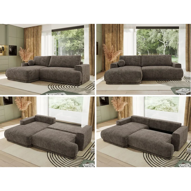 RINA L Design Ecksofa, Schlaffunktion & Stauraum, DL-System, Wellenfedern, Liegefläche 220x155 cm, freistehendes Polstersofa, Schlafcouch - Braun Schenille grob gewebt - Links Seite – Bild 2