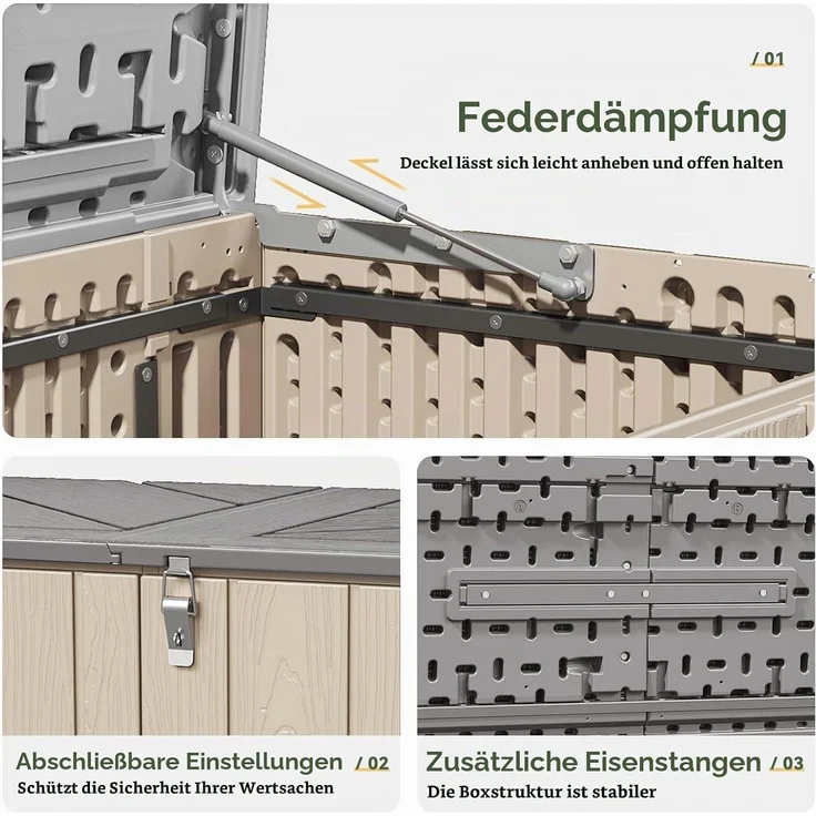 Aoxun Gartenbox aus Harz 600L,Auflagenbox Wasserdicht Außenmaße:142 x 67 x 63 cm,Wetterfest,Abschließbar,Braun – Bild 6