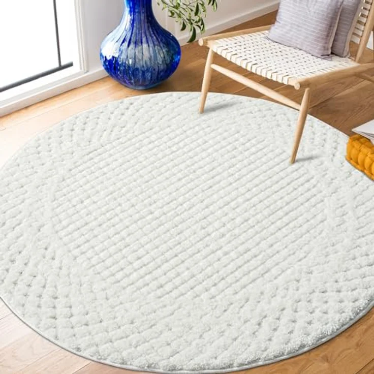 Teppich Rund - 200x200cm - Hochflor - Boho - Pastell Creme Grau - Einfarbig - Modern Raute Muster- Skandinavisch Flauschig Weich - Schlafzimmer Dekoration – Bild 2