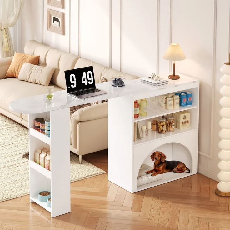 Ausziehbarer Thekentisch mit Haustierbereich, Marmoroptik, weiß, 120(+80)x40x100 cm – Bild 2