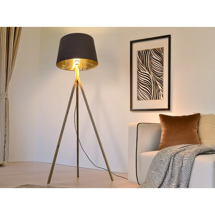 meineWunschleuchte Stehlampe mit Dreibein, Holz / Samt Braun / Gold, ohne Leuchtmittel, Höhe 157 cm – Bild 5