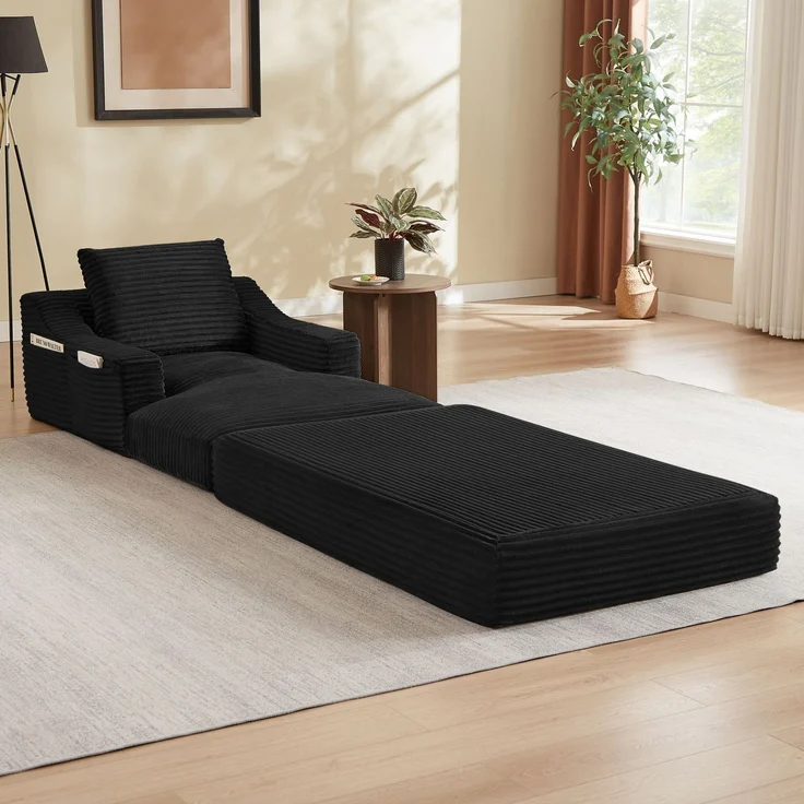 Loungesessel mit Cordbezug, ausziehbar zum kleinen Bett, 100cm×162cm×68cm, Schwarz – Bild 6