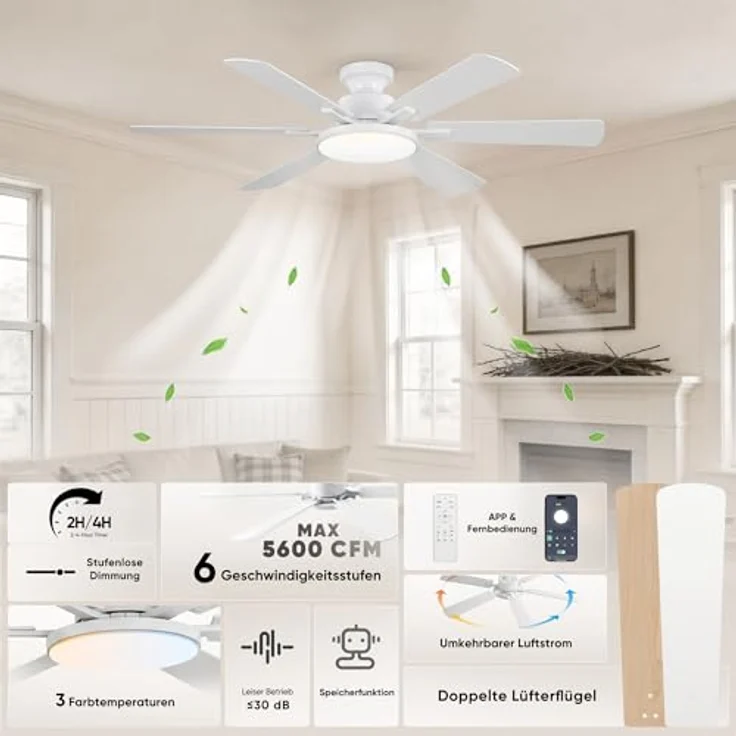 ROTTOGOON Deckenventilator mit Beleuchtung 132cm Leise DC Motor, Weiß – Bild 6