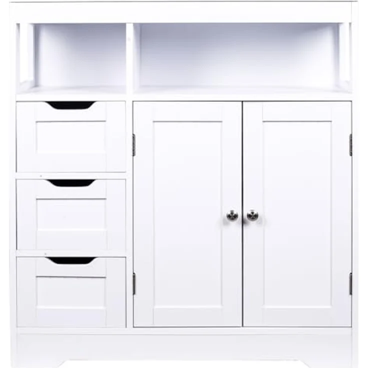 Shally Dogan Badezimmerschrank aus weißem Holz mit 3 Schubladen, 2 Türen und 2 Regalen, platzsparend, Mehrzweck-Bodenschrank, freistehender Schrank für Wohnzimmer, Küche, Büro, Schrank 80,5 x 30 x – Bild 8