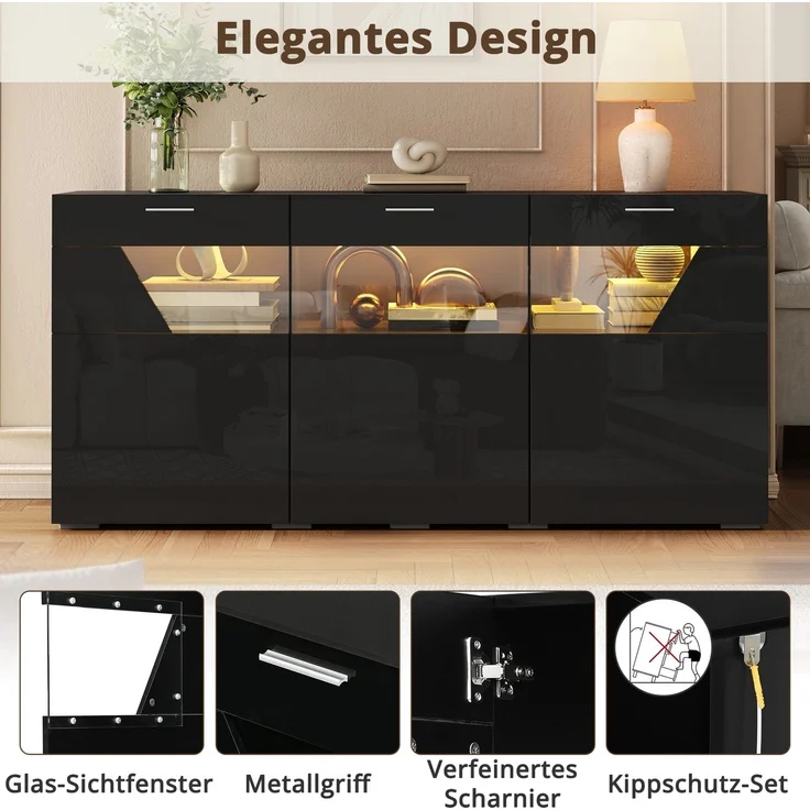 ZUBALIYA Sideboard 160x38x78 cm, mit LED-Beleuchtung, Hochglanz, mit 3 Türen, aus Spanplatte, Schwarz – Bild 15
