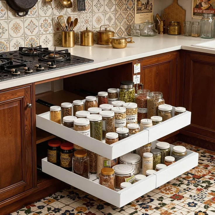 Home Nature Wohnkonzept Küchenschrank Ausziehschublade, 2er Set, mit Klebehalterung ohne Bohren, 52 x 42 x 7,5 cm, Karbonstahl, Vielseitig für Küche und Bad, Weiß – Bild 6
