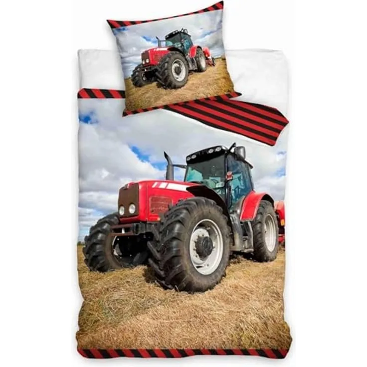Carbotex Bettwäsche Roter Traktor - Wende-Bettwäsche-Set, 135x200 & 80x80 Trecker, Baumwolle, 100% Baumwolle