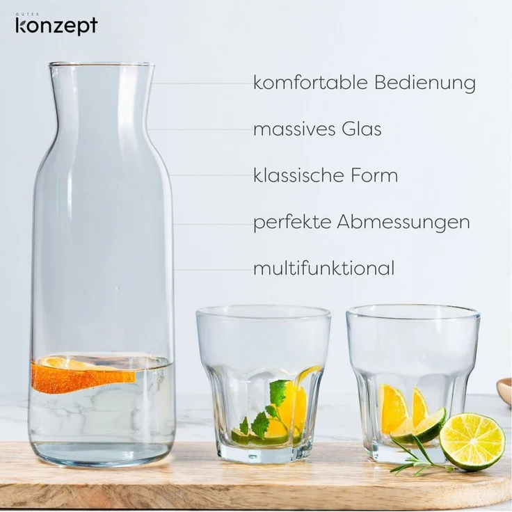 KONZEPT Wasserkaraffe Karaffe Glaskaraffe Transparente 1 Liter, (3-tlg), ideal für Wasser, Saft, Wein, Limonade, Coctails und Milch – Bild 4