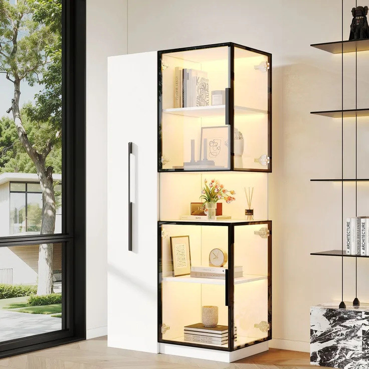 Vitrine 70x38x160 cm in Weiß mit Hartglas, Ausziehregalen und LED