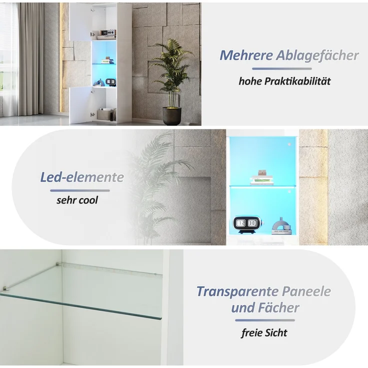 DESVIAE Vitrine mit LED-Beleuchtung und Glasboden, 45x160x35 cm, Spanplatte, Weiß Hochglanz – Bild 5